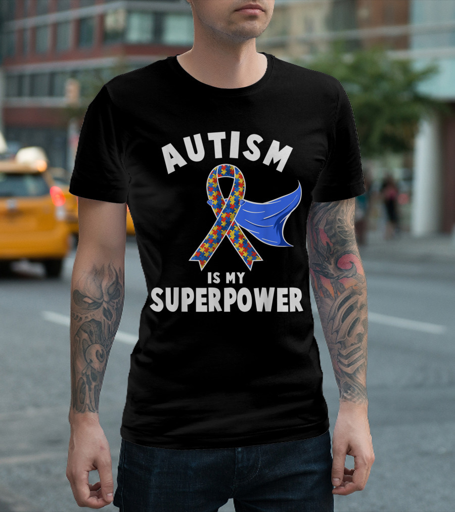 AUTISM AWARENESS IS MY SUPERPOWER WITH PUZZLE RIBBON AND BLUE CAPE T-Shirt