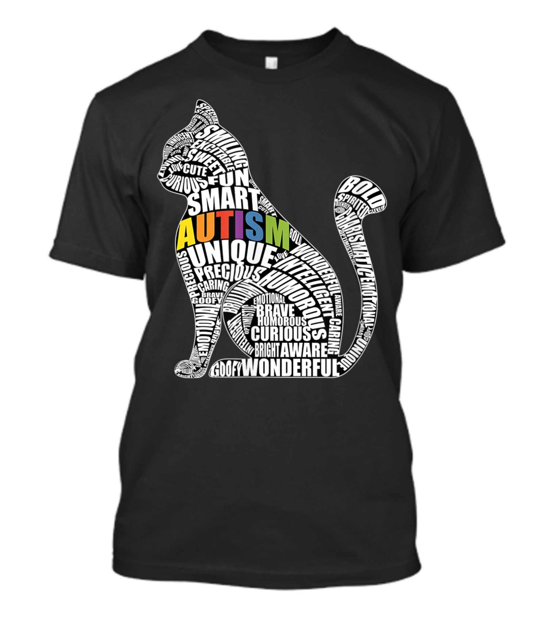 Autism Awareness Cat With Words Like Unique Brave Smart Fun Curious For Autistic Teacher Or Student T-Shirt
