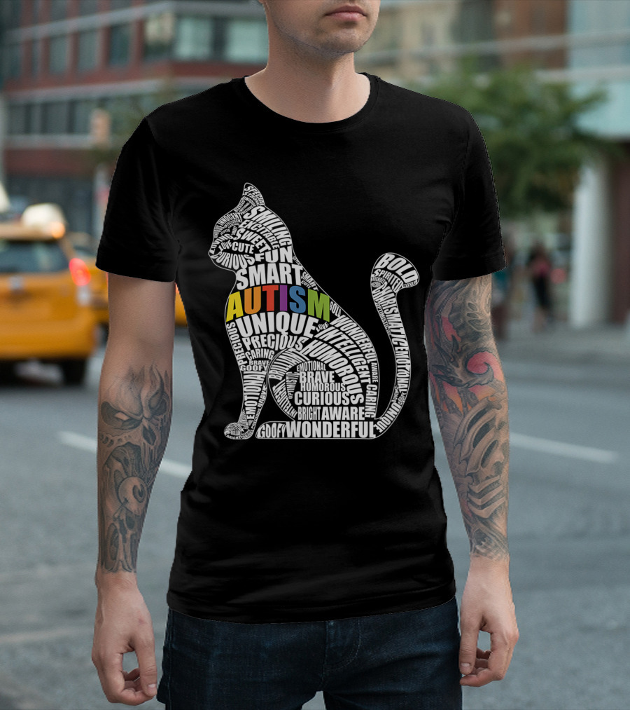Autism Awareness Cat With Words Like Unique Brave Smart Fun Curious For Autistic Teacher Or Student T-Shirt