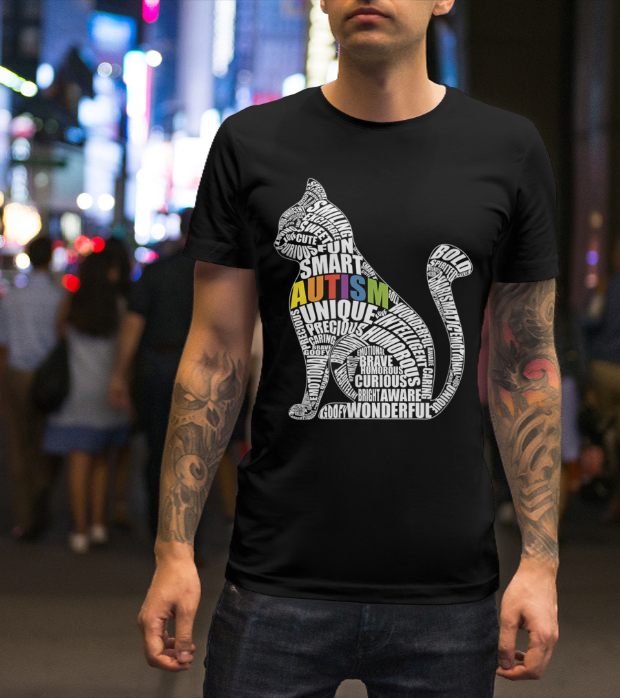 Autism Awareness Cat With Words Like Unique Brave Smart Fun Curious For Autistic Teacher Or Student T-Shirt
