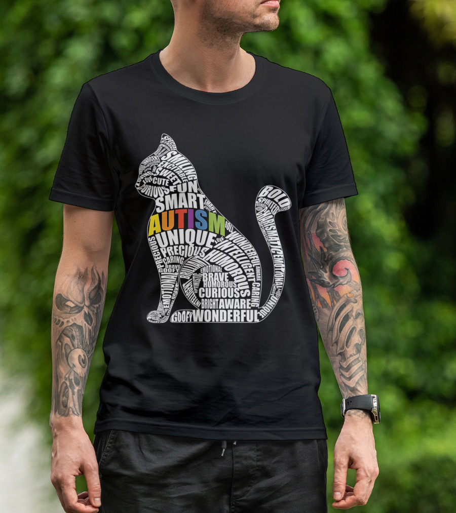 Autism Awareness Cat With Words Like Unique Brave Smart Fun Curious For Autistic Teacher Or Student T-Shirt