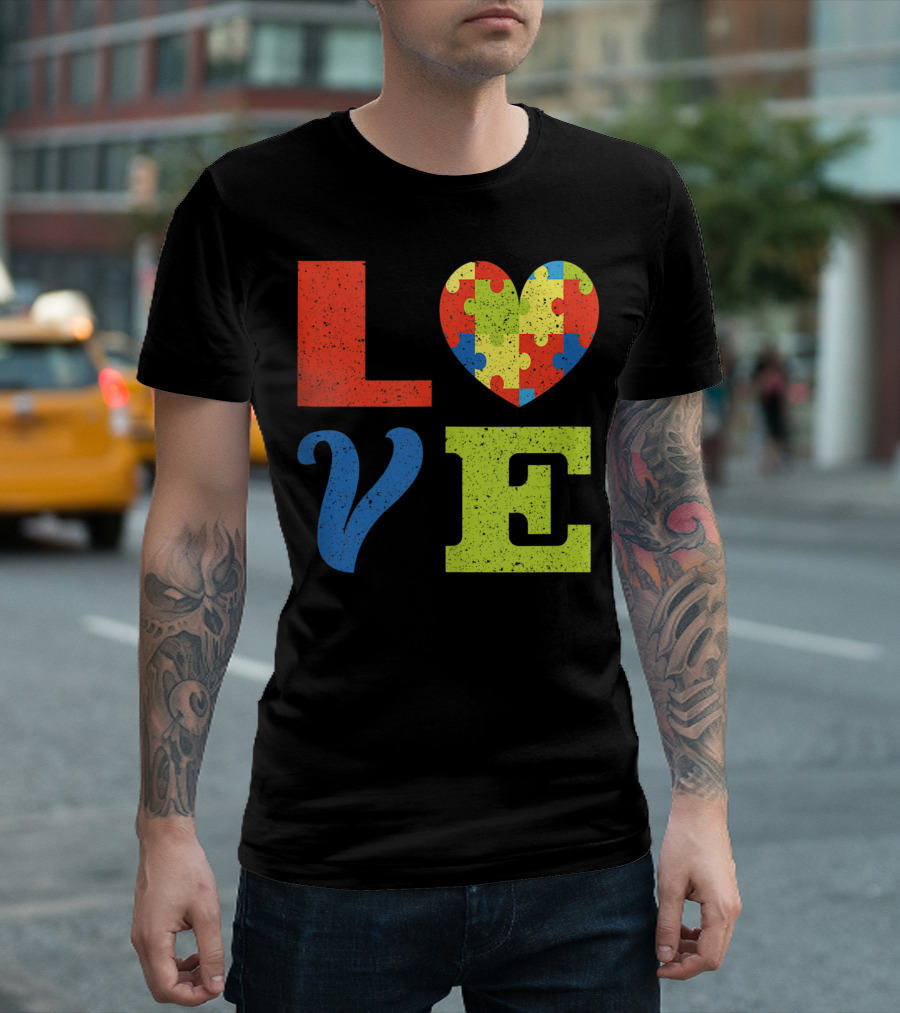 Autism Awareness Cute Vintage Love Puzzle Heart Neurodiversity T-Shirt