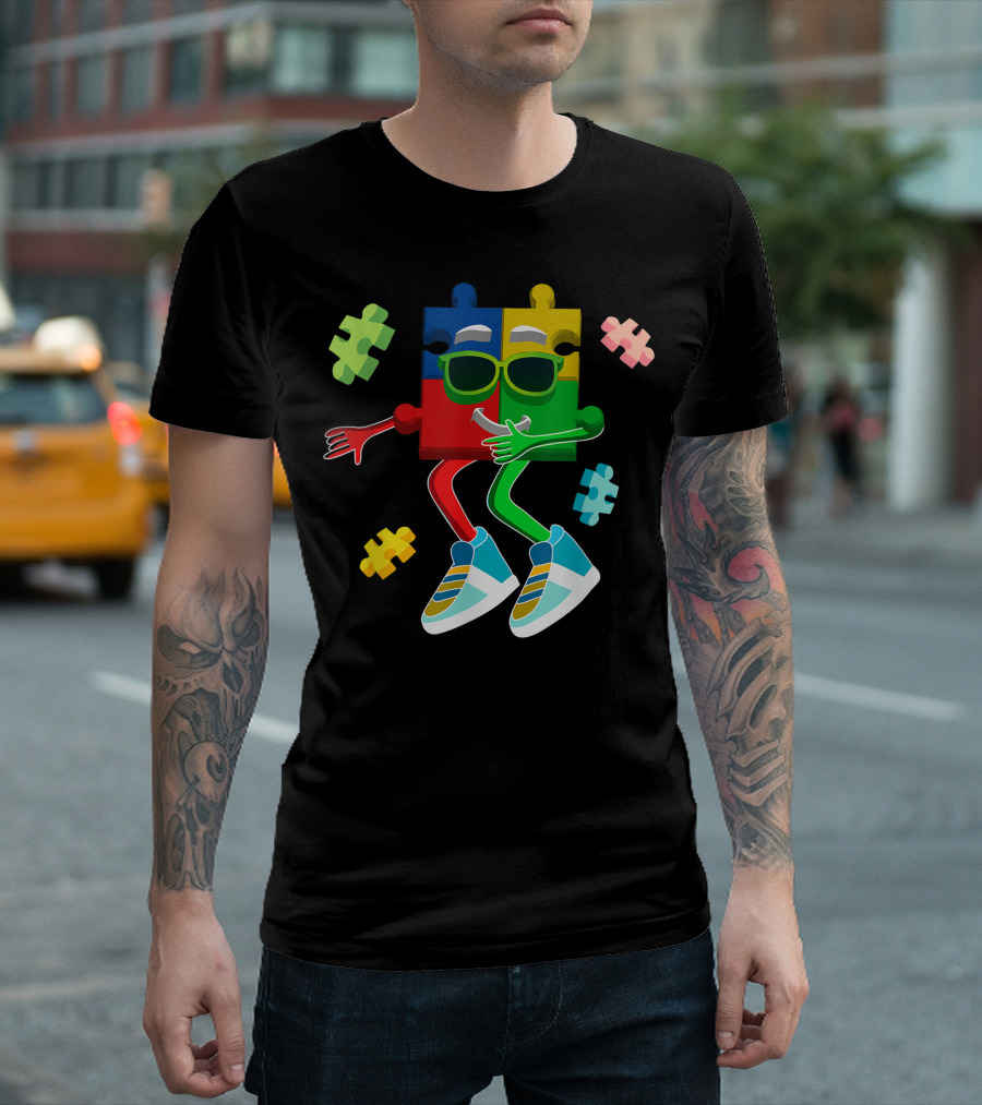 Autism Awareness Puzzle Piece Dabbing Kids Boys Girls Colorful Sneakers T-Shirt