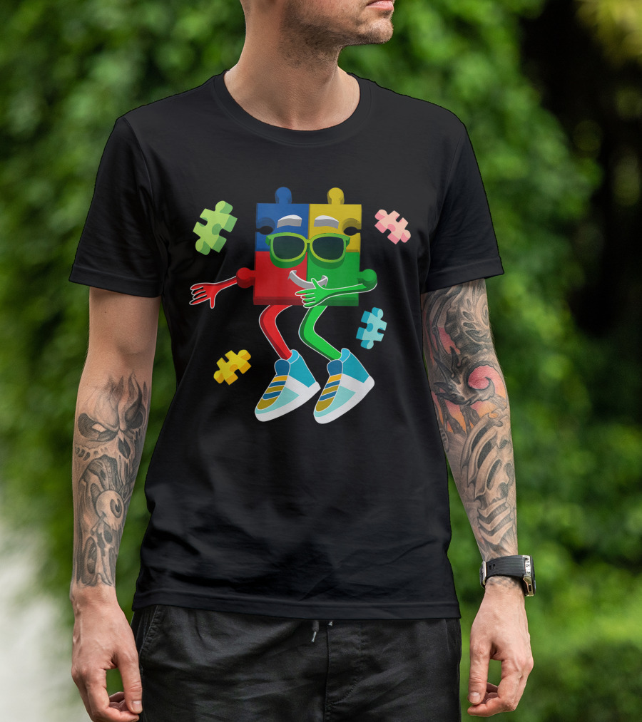 Autism Awareness Puzzle Piece Dabbing Kids Boys Girls Colorful Sneakers T-Shirt