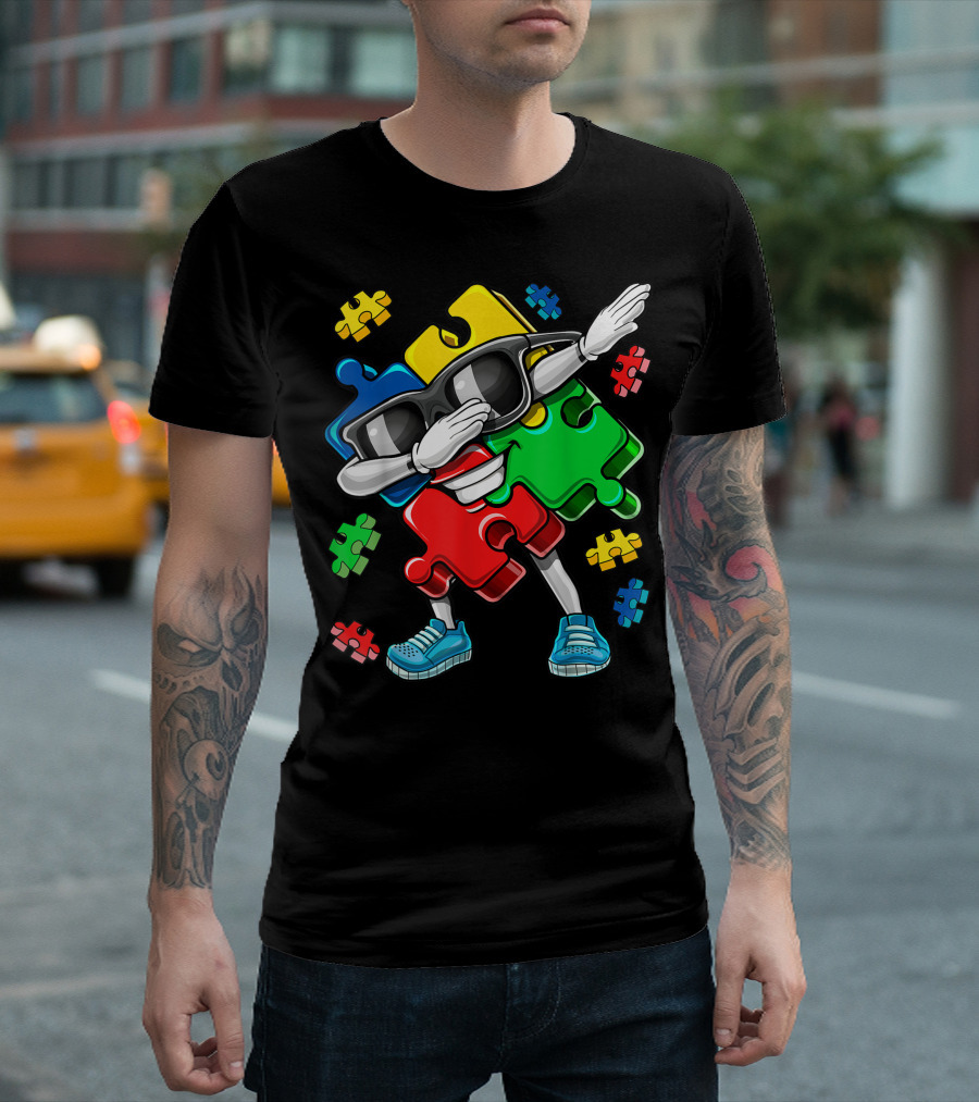 Autism Awareness Dabbing Colorful Puzzle Piece Character with Sunglasses T-Shirt
