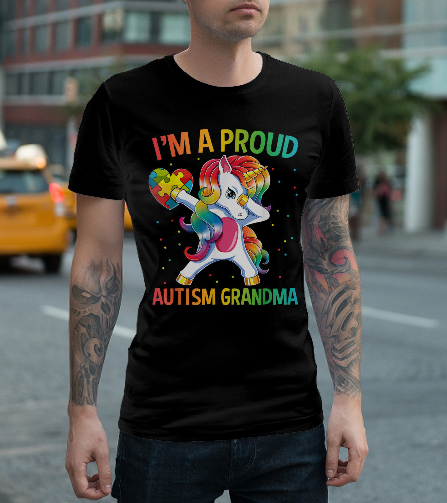 I'm a Proud Autism Grandma Dabbing Unicorn Holding Puzzle Heart T-Shirt