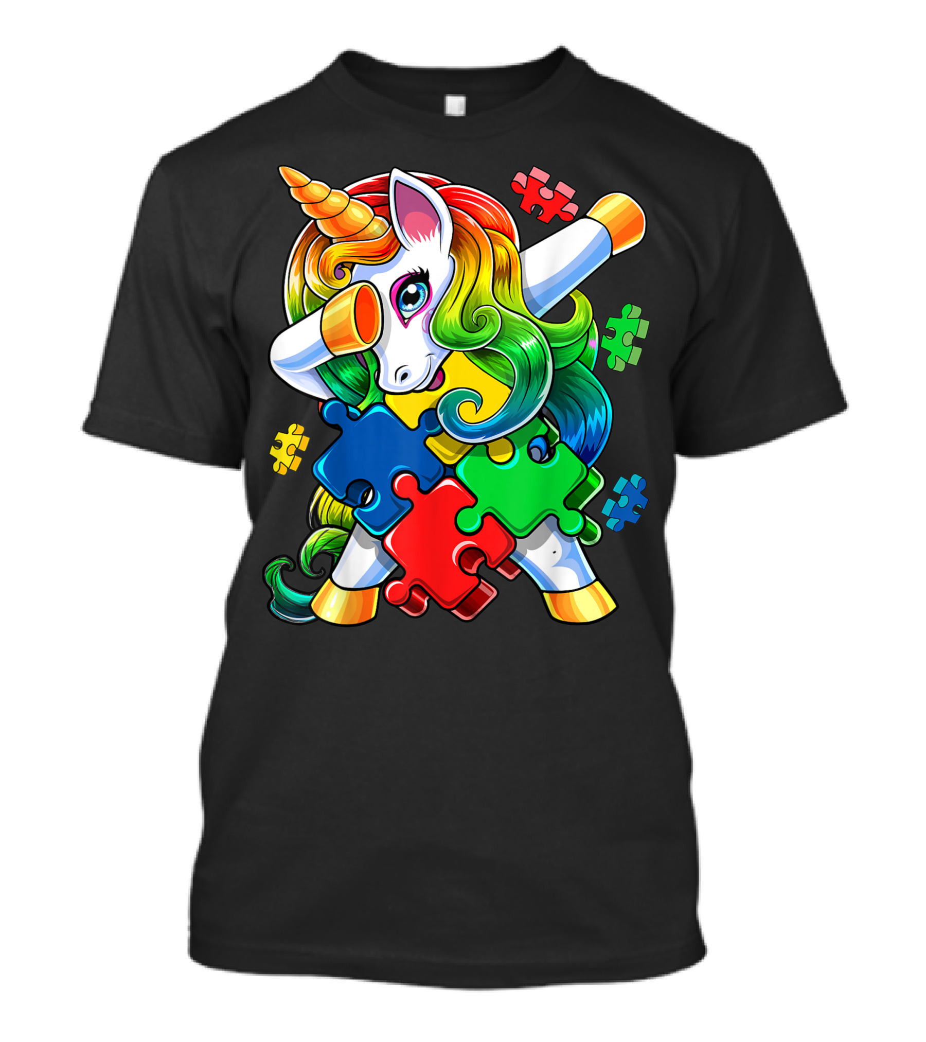 Autism Awareness Dabbing Unicorn Rainbow Puzzle Piece Colors T-Shirt