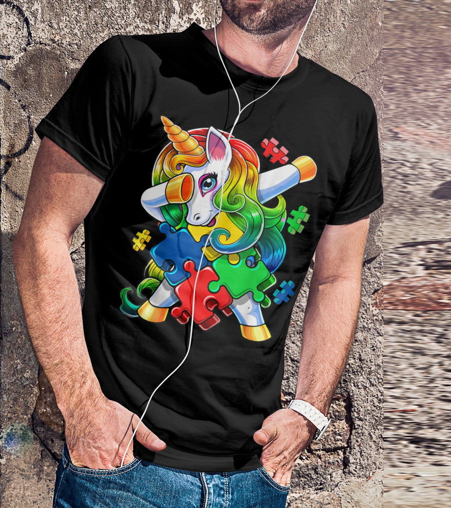 Autism Awareness Dabbing Unicorn Rainbow Puzzle Piece Colors T-Shirt