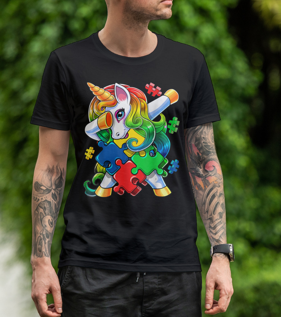 Autism Awareness Dabbing Unicorn Rainbow Puzzle Piece Colors T-Shirt
