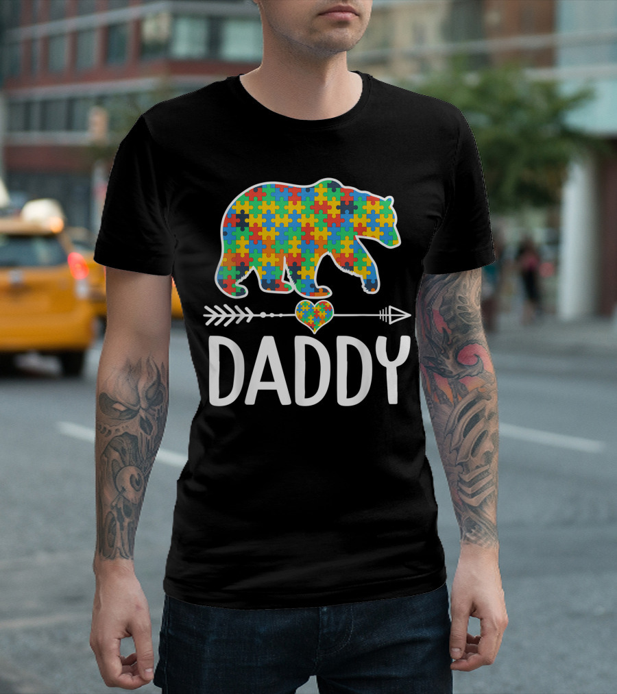 Autism Awareness Daddy Bear Puzzle Piece Heart Arrow T-Shirt