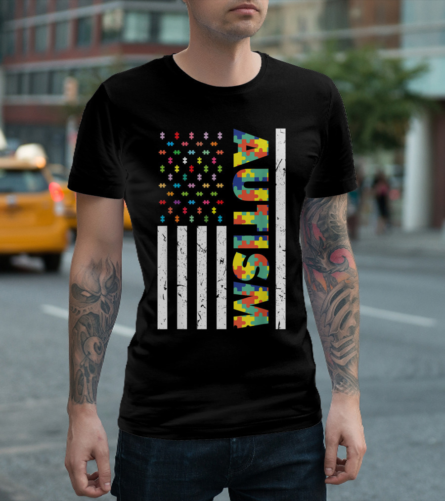 Autism American Flag Puzzle Pieces Rainbow Awareness Day T-Shirt