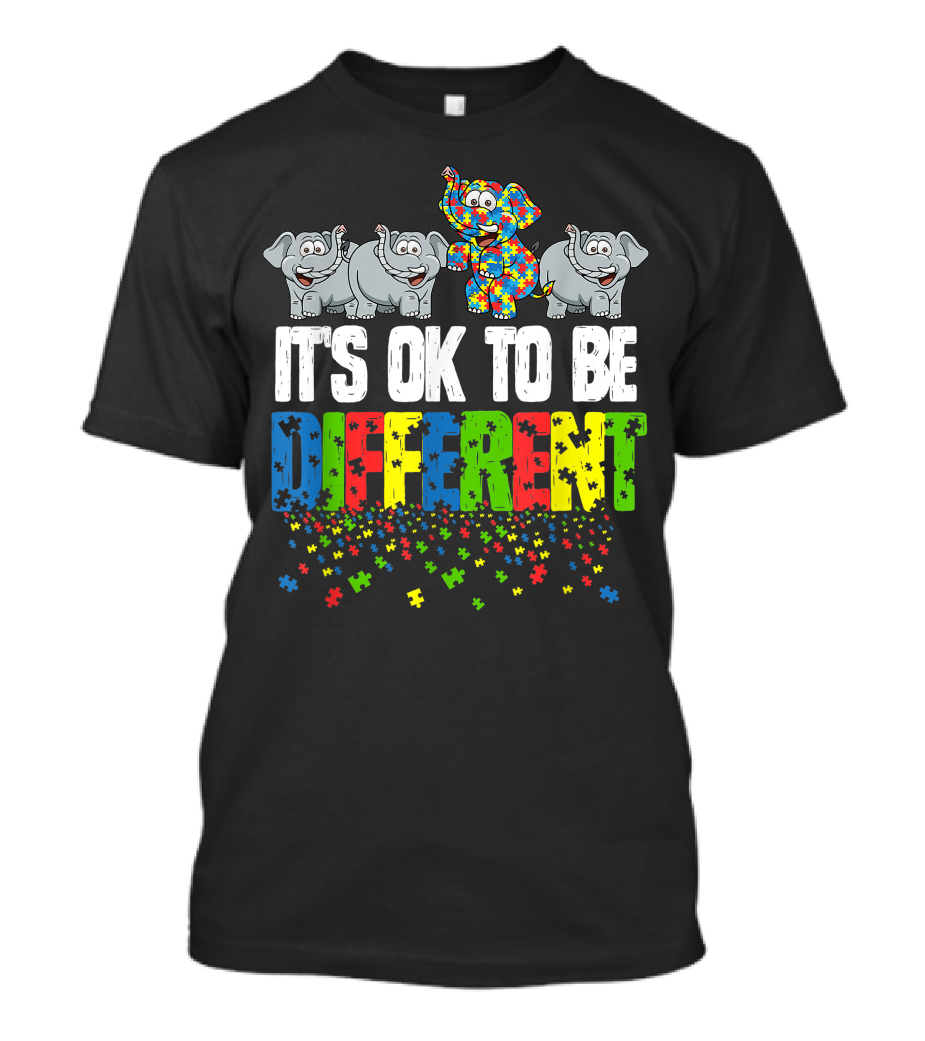 Autism Awareness Day It's Ok To Be Different Colorful Puzzle Piece Elephants T-Shirt