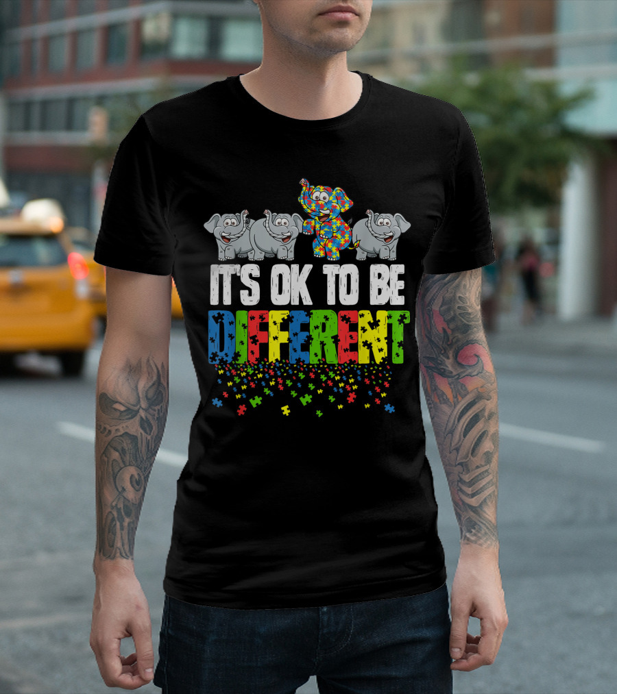 Autism Awareness Day It's Ok To Be Different Colorful Puzzle Piece Elephants T-Shirt