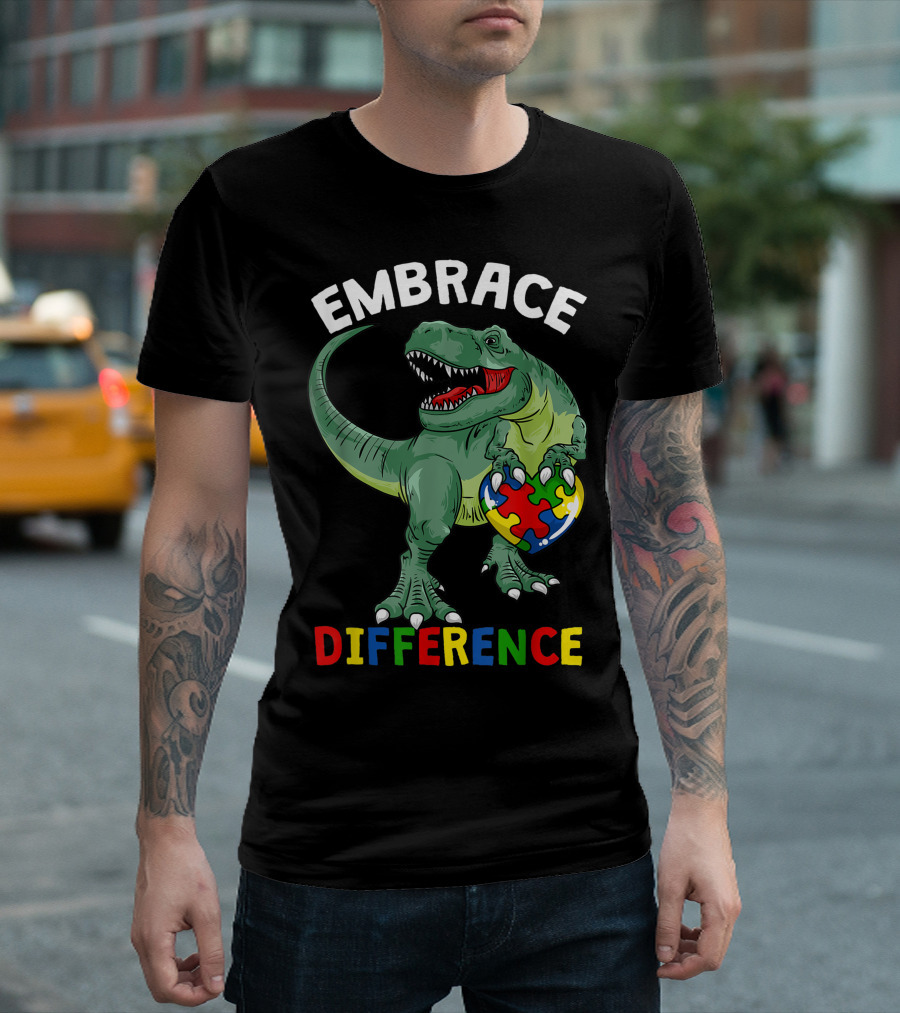 Embrace Difference Dinosaur Holding Puzzle Heart Autism Awareness T-Shirt