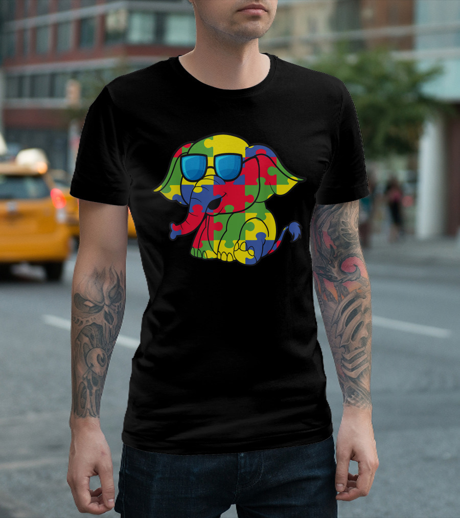 Autism Awareness Elephant Puzzle Piece Pattern with Blue Sunglasses T-Shirt