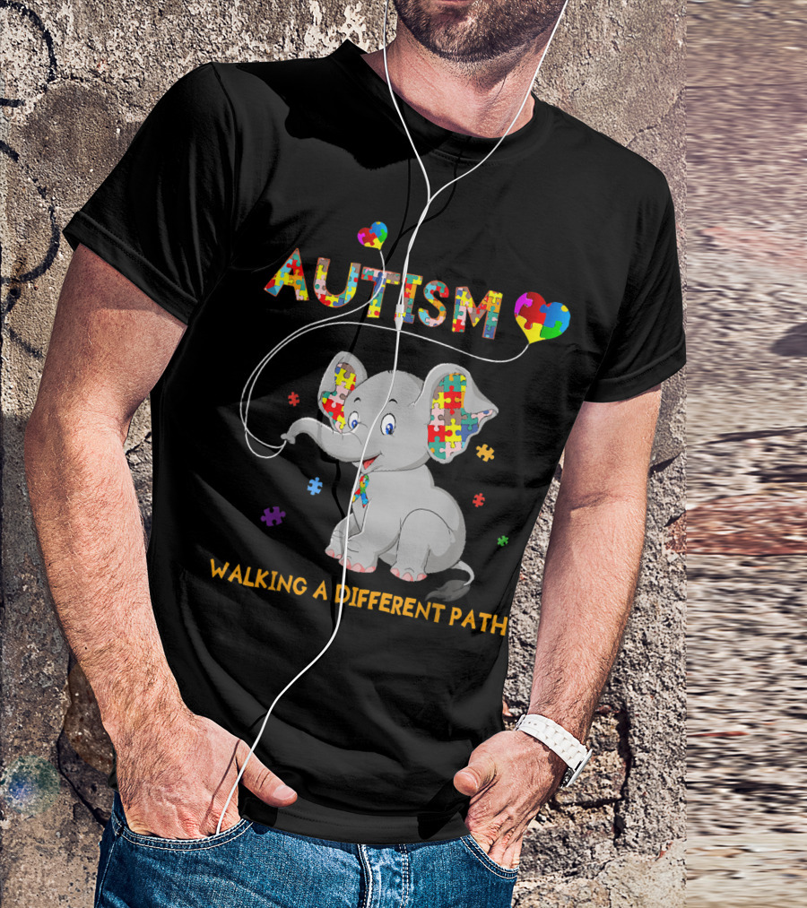 Autism Walking A Different Path Elephant Puzzle Heart T-Shirt