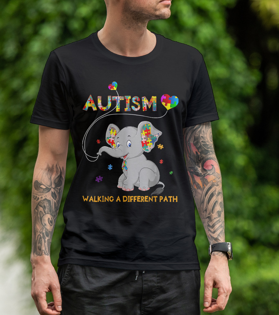 Autism Walking A Different Path Elephant Puzzle Heart T-Shirt
