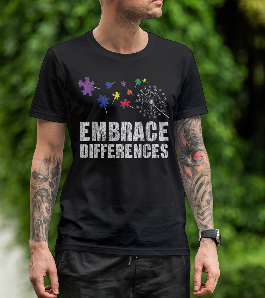 Embrace Differences Autism Awareness Puzzle Piece Dandelion T-Shirt