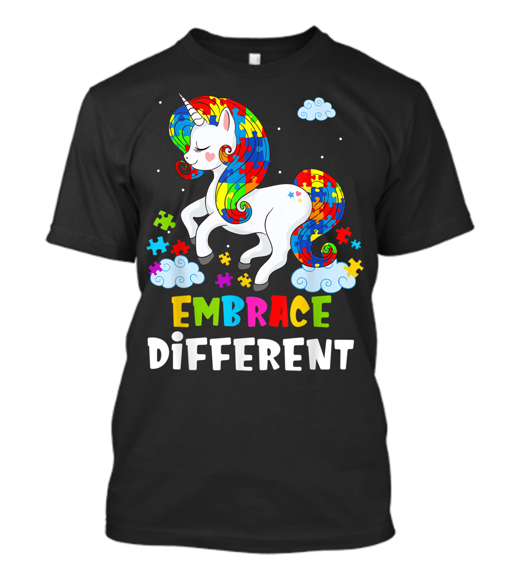Autism Awareness Embrace Different Unicorn Puzzle Rainbow Clouds T-Shirt