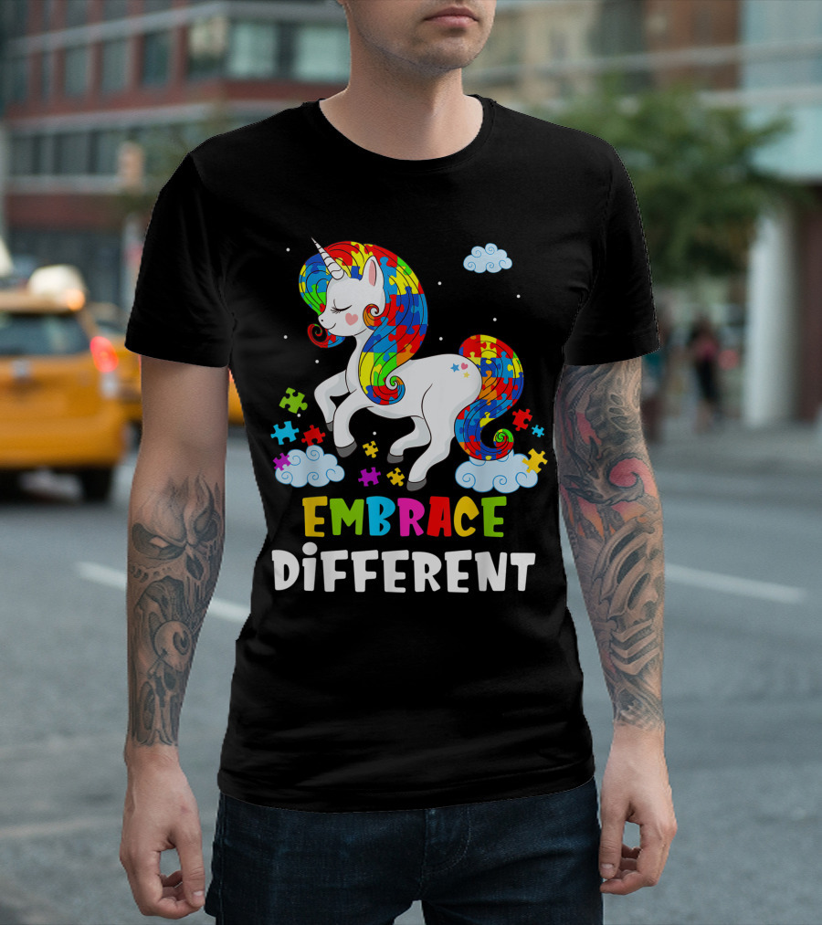 Autism Awareness Embrace Different Unicorn Puzzle Rainbow Clouds T-Shirt