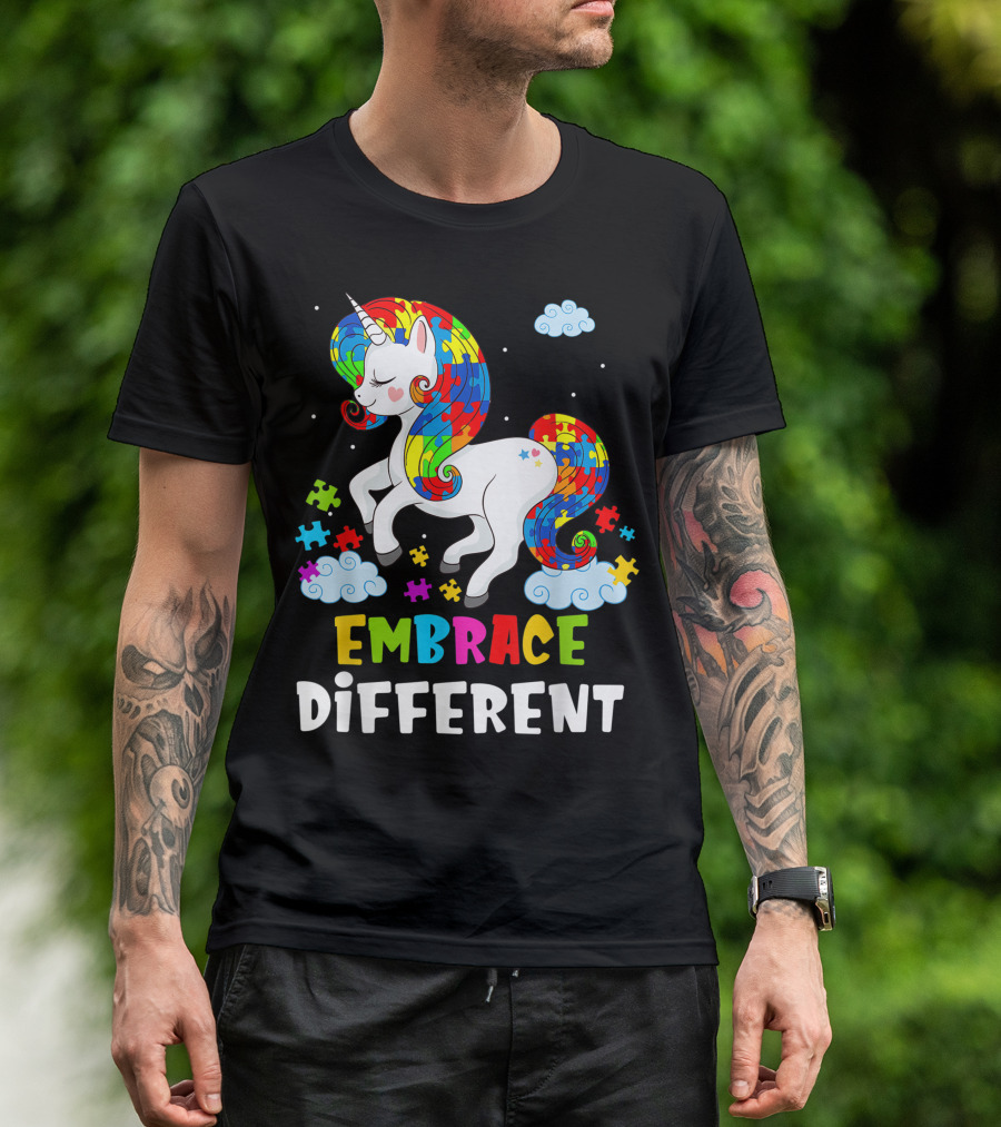 Autism Awareness Embrace Different Unicorn Puzzle Rainbow Clouds T-Shirt