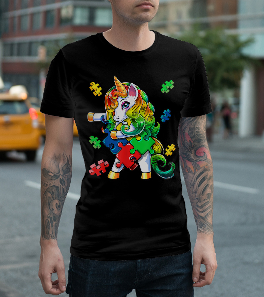 Autism Awareness Dancing Unicorn With Colorful Puzzle Pieces T-Shirt