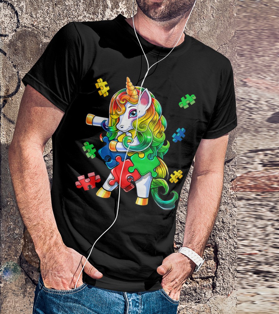Autism Awareness Dancing Unicorn With Colorful Puzzle Pieces T-Shirt
