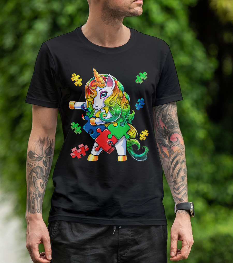 Autism Awareness Dancing Unicorn With Colorful Puzzle Pieces T-Shirt