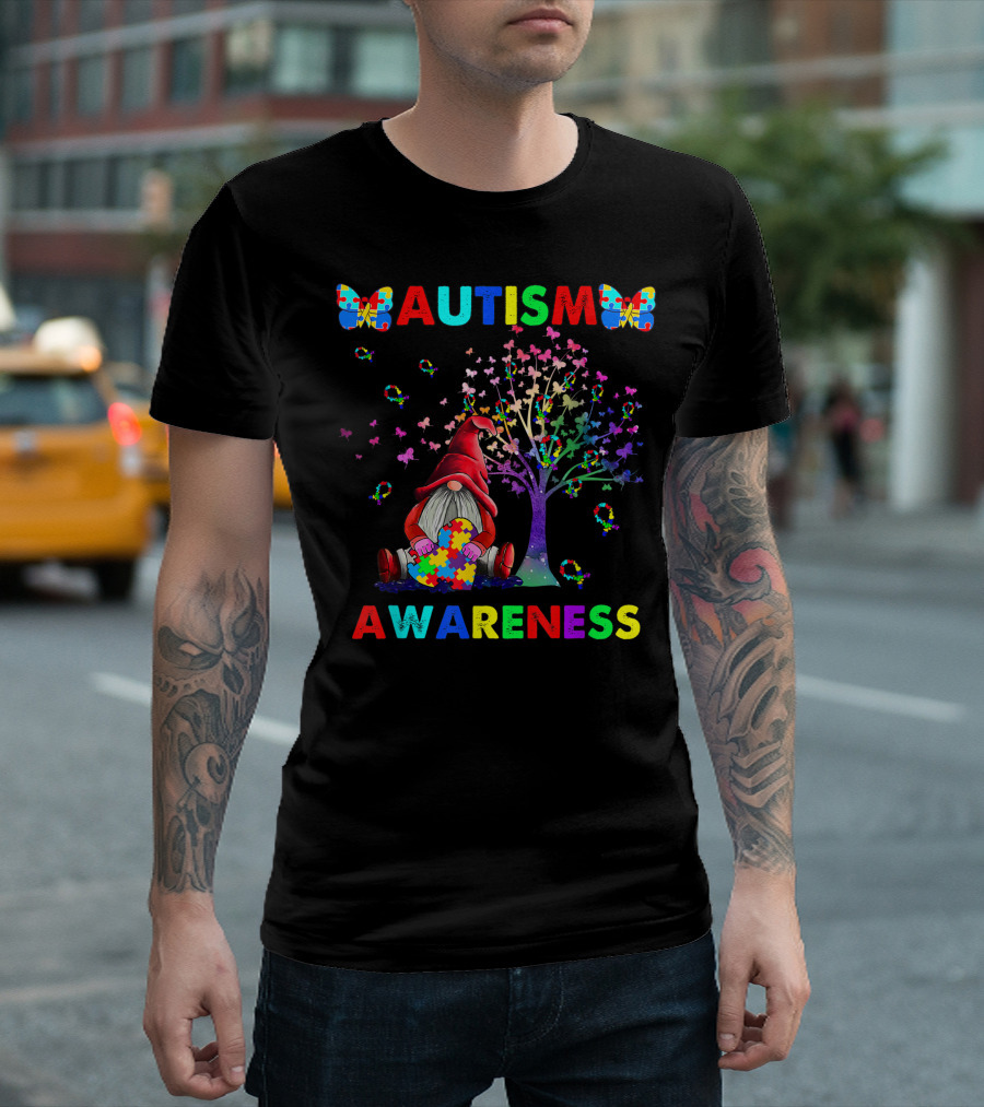 Autism Awareness Gnomes Puzzle Tree Ribbon Butterflies T-Shirt