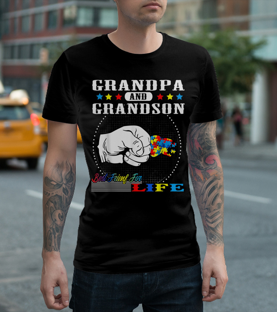 Grandpa And Grandson Best Friend For Life Autism Awareness Fist Bump Puzzle Pieces T-Shirt