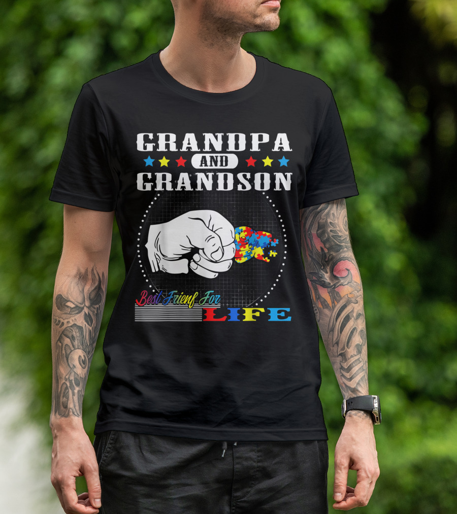 Grandpa And Grandson Best Friend For Life Autism Awareness Fist Bump Puzzle Pieces T-Shirt