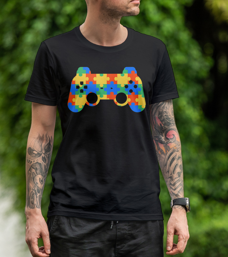 Autism Awareness Puzzle Pattern Game Controller Grandparents Son Daughter Gamer T-Shirt