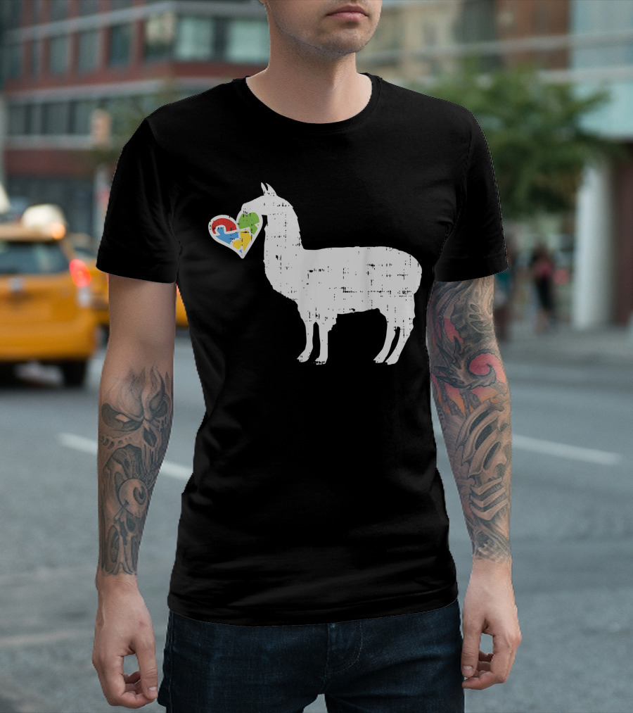 Autism Awareness Llama with Heart Puzzle Autistic T-Shirt