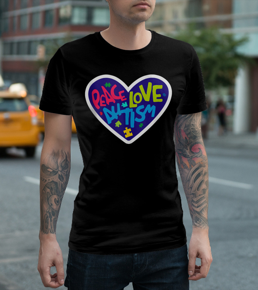 Peace Love Autism Heart Puzzle Pieces T-Shirt
