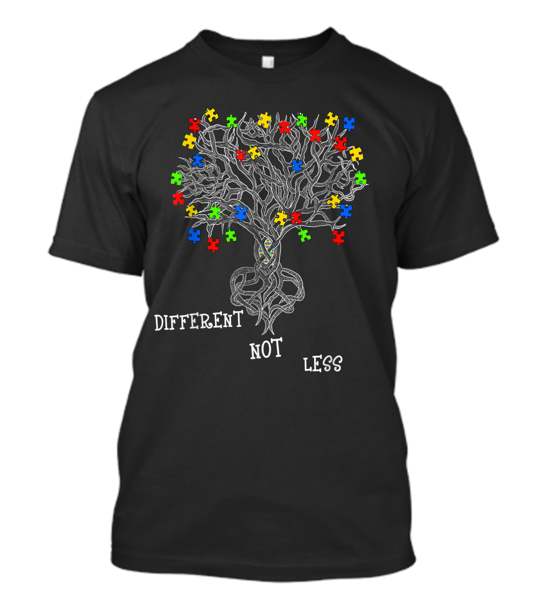 Different Not Less Autism Awareness Heart Tree Puzzle Pieces T-Shirt