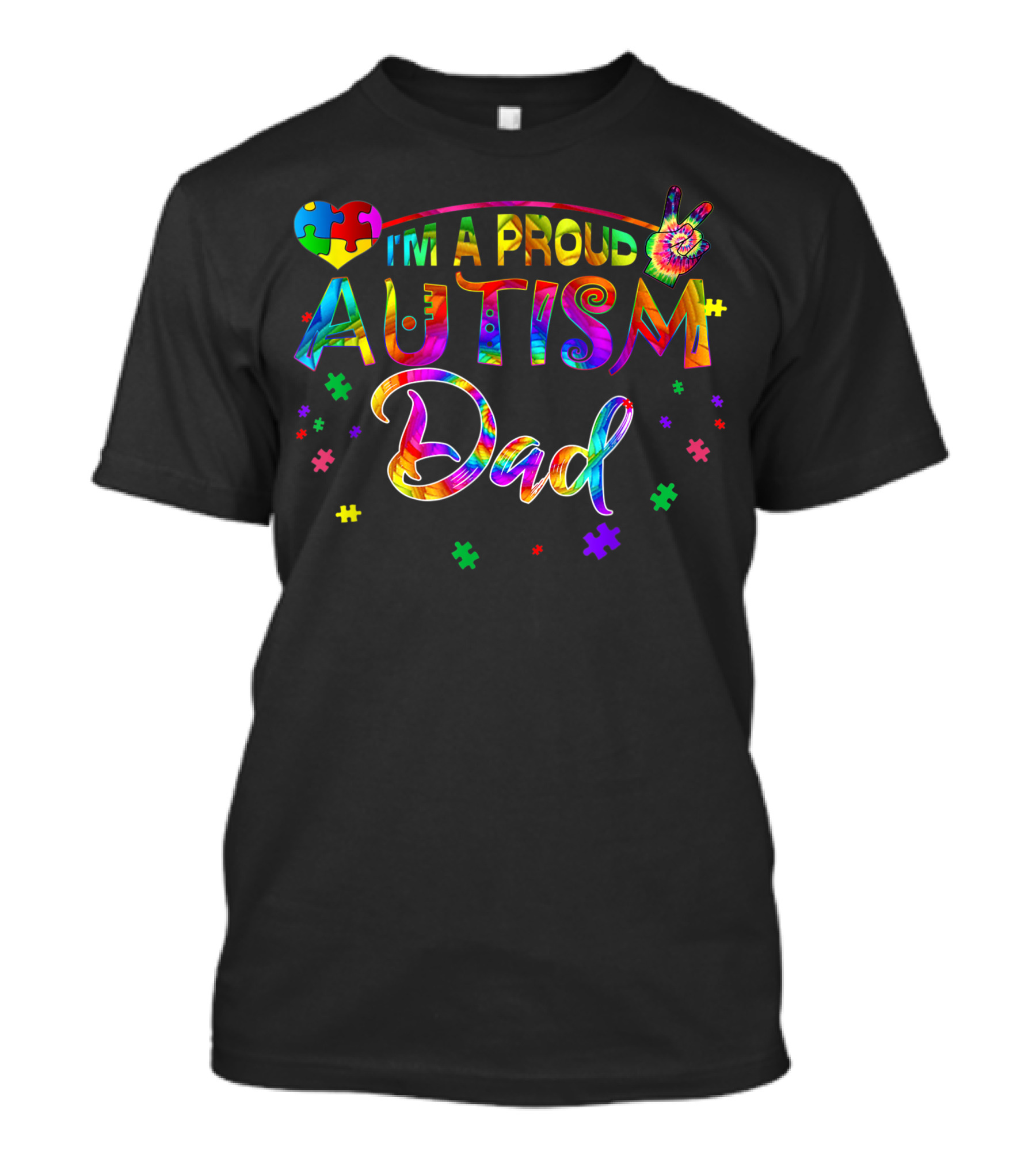 I'm A Proud Autism Dad Hippie Rainbow Puzzle Heart And Peace Sign T-Shirt