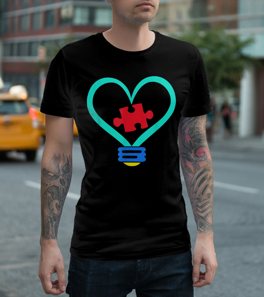 Autism Awareness Heart-Shaped Lightbulb Puzzle Symbol For Teachers Supporting T-Shirt