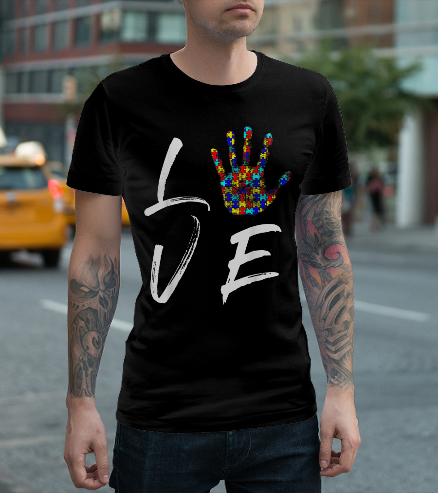 Autism Awareness Love Puzzle Hand Support Autistic Kid T-Shirt