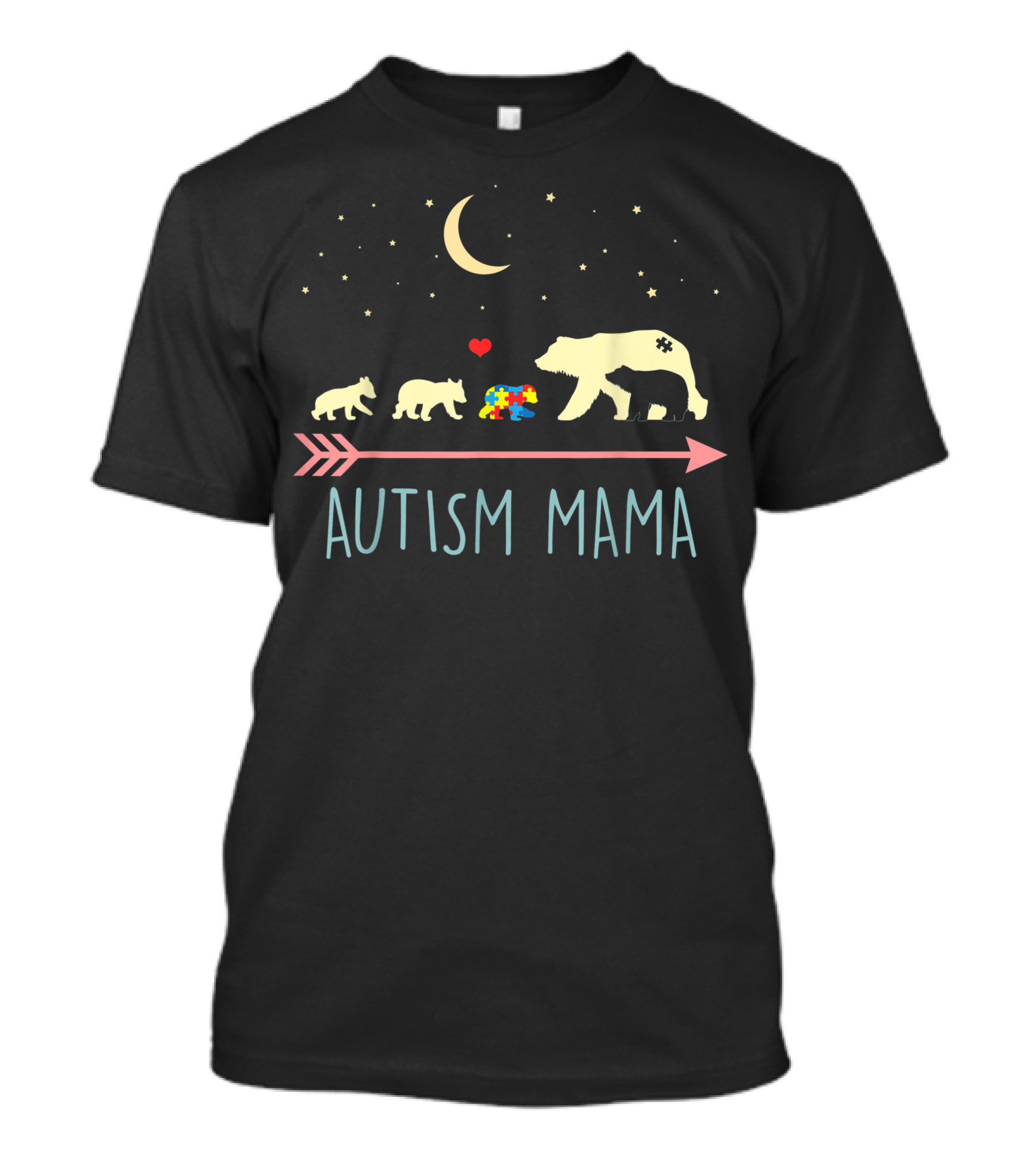 Autism Mama Bear With Four Cubs Under Moon And Stars T-Shirt