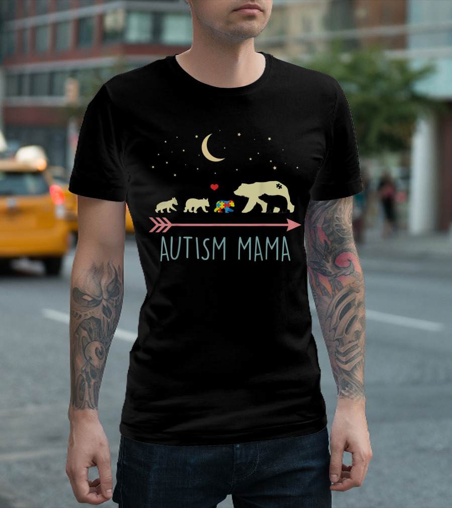 Autism Mama Bear with Four Cubs Under Moon and Stars T-Shirt