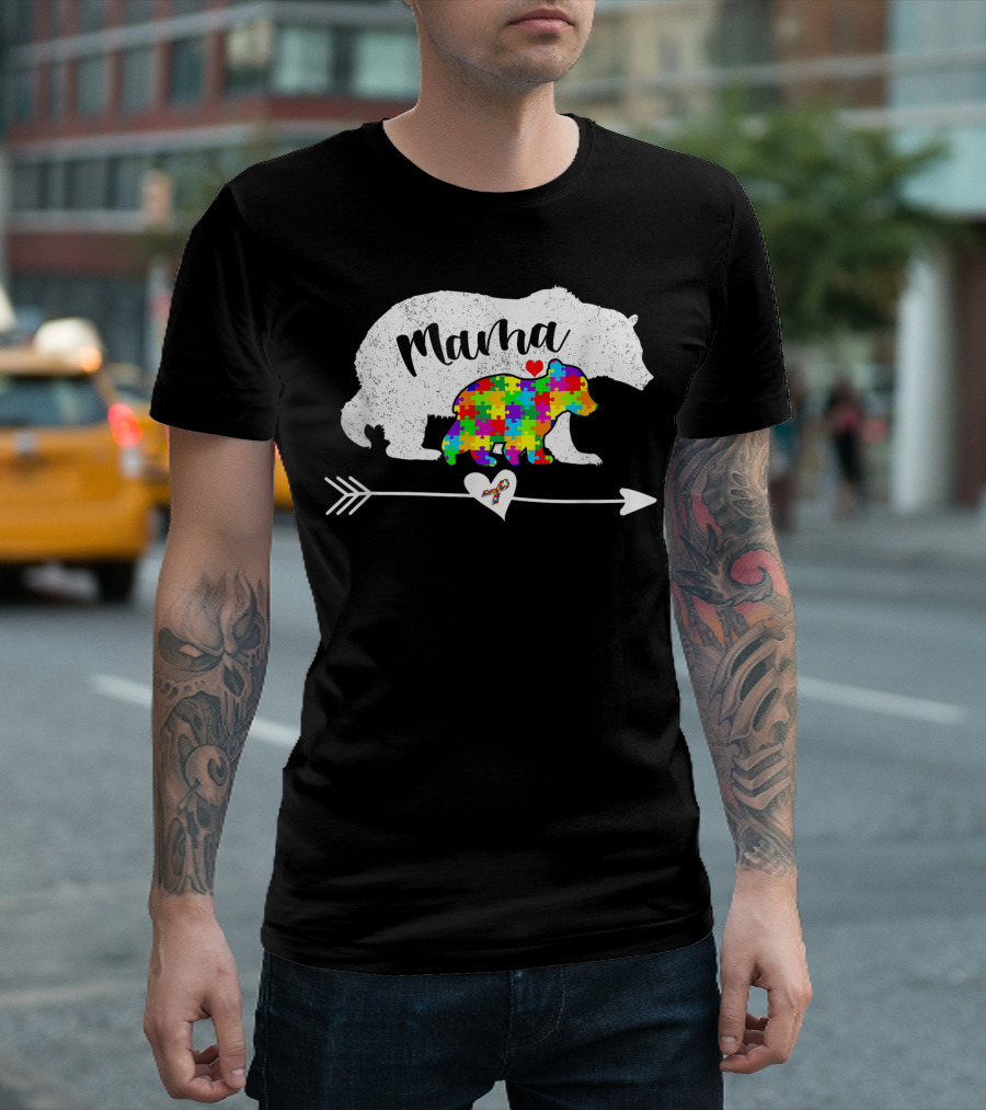 Mama Bear Puzzle Heart Autism Support Pride T-Shirt