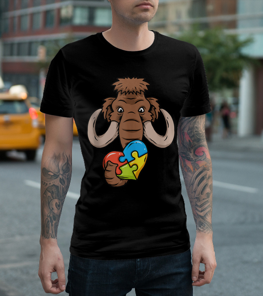 Autism Awareness Mammoth Holding Puzzle Heart Autism T-Shirt