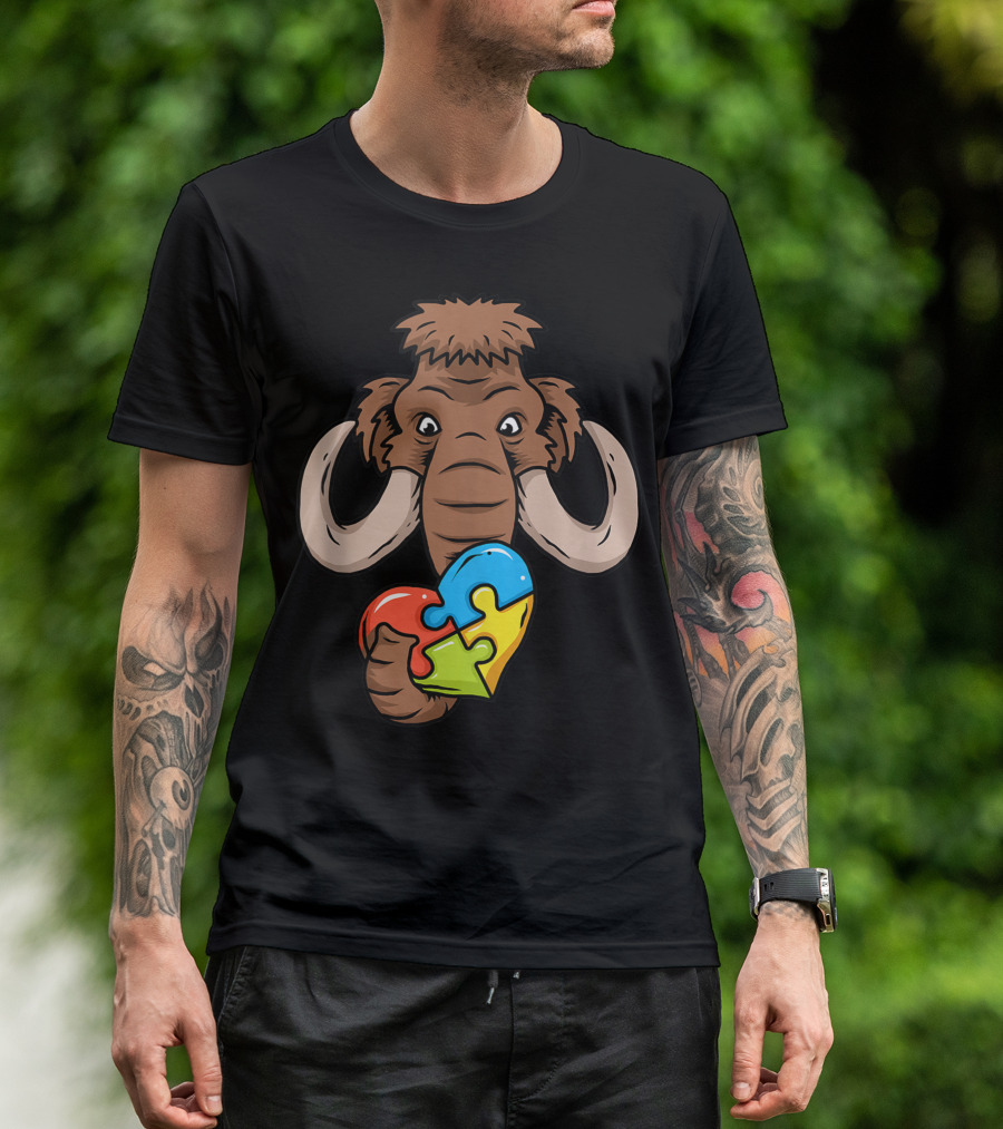 Autism Awareness Mammoth Holding Puzzle Heart Autism T-Shirt