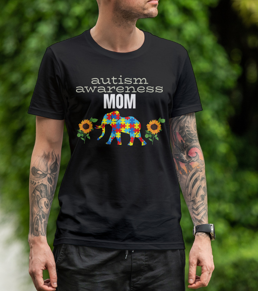 Autism Awareness Mom Elephant Sunflower Puzzle T-Shirt