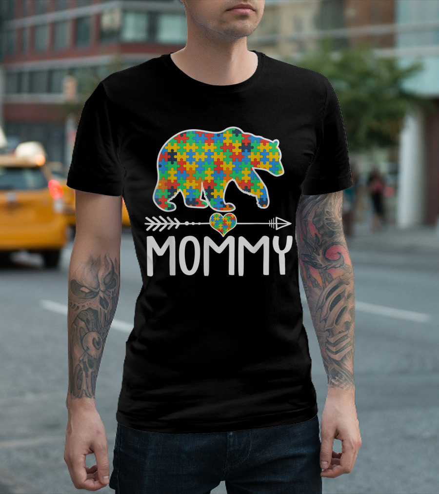Mommy Bear Puzzle Heart Autism Awareness Support Autistic T-Shirt