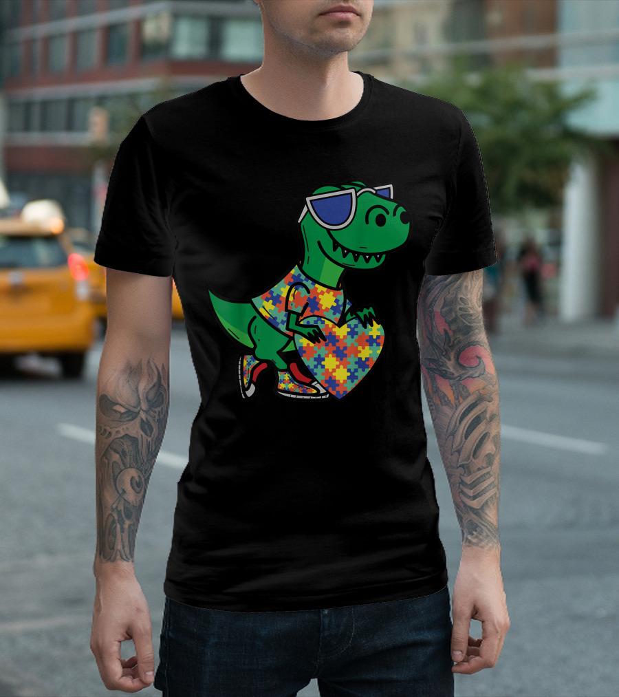 Autism Awareness Month Dinosaur Wearing Puzzle Piece with Heart Dino T-Shirt