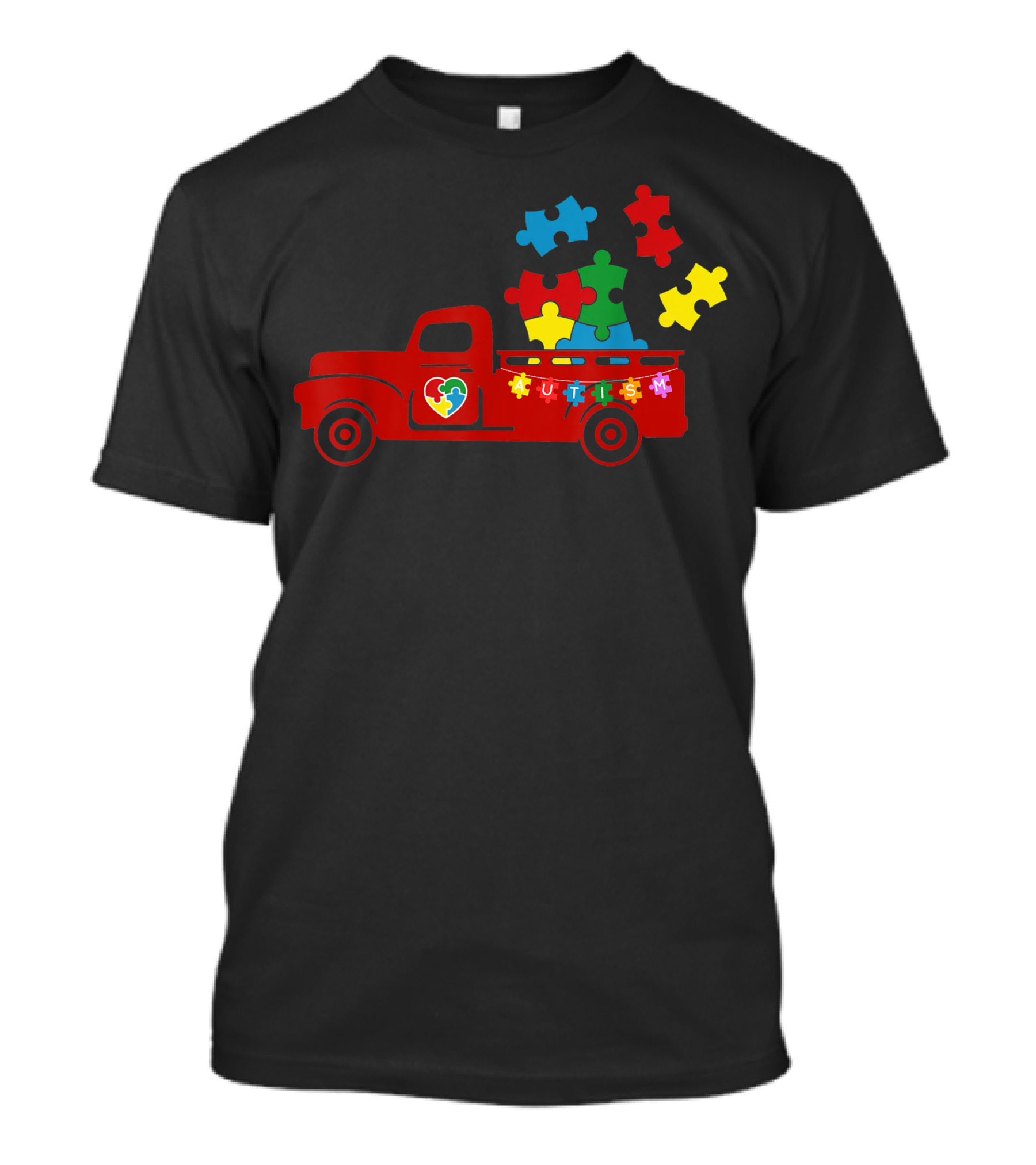Autism Awareness Month Puzzle Pieces Red Truck With Heart T-Shirt