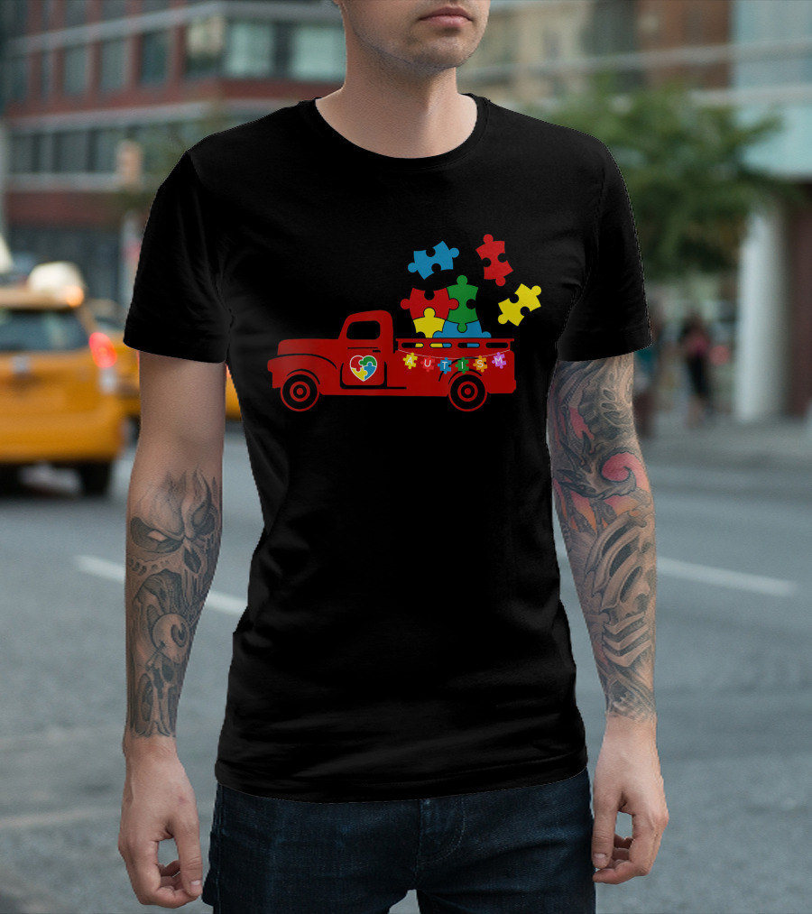 Autism Awareness Month Puzzle Pieces Red Truck With Heart T-Shirt