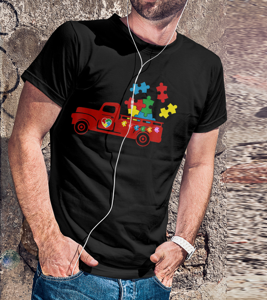 Autism Awareness Month Puzzle Pieces Red Truck With Heart T-Shirt