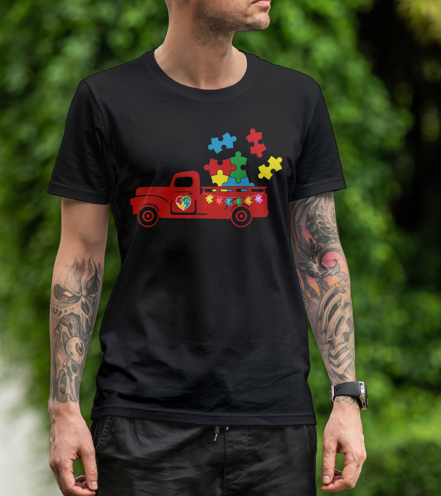 Autism Awareness Month Puzzle Pieces Red Truck With Heart T-Shirt